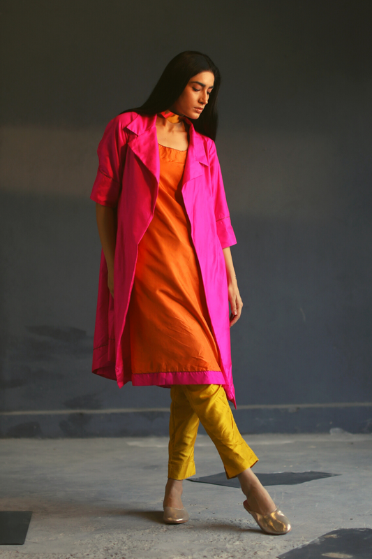 Sally Jacket In Pink Pure Silk With Jalebi Orange Chanderi Slip
