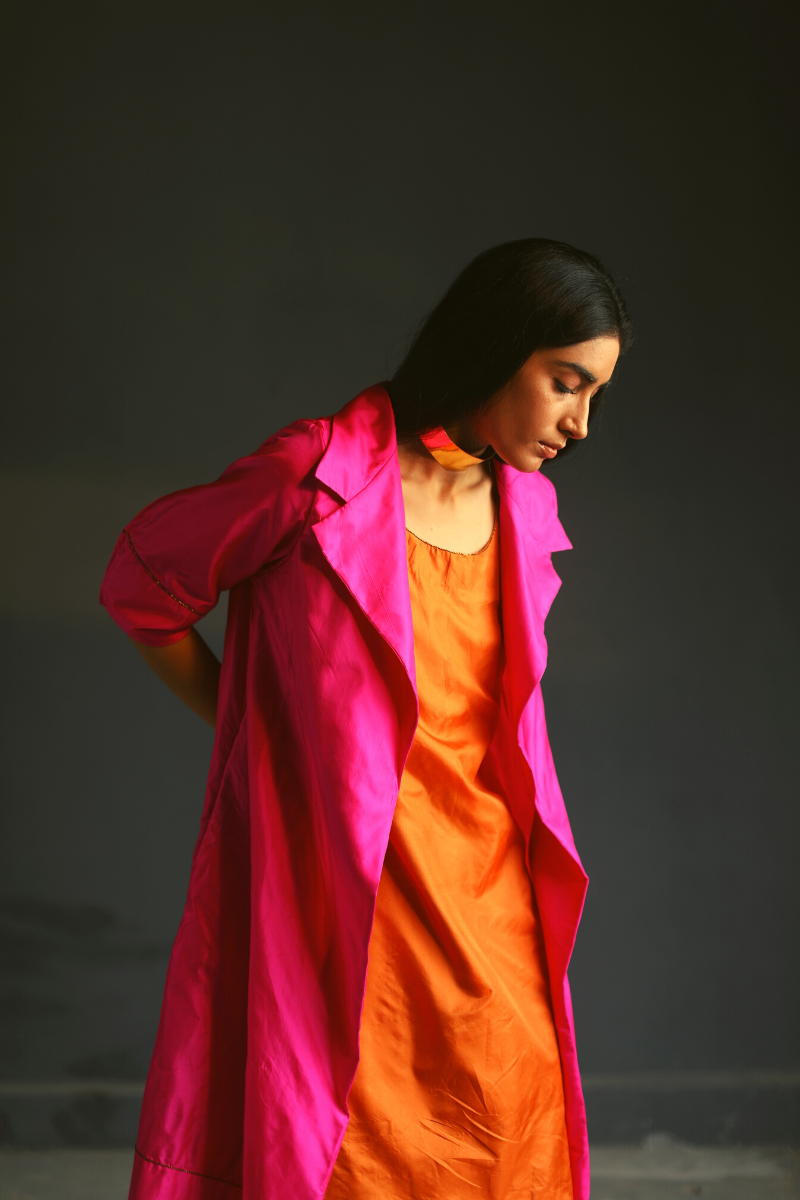 Sally Jacket In Pink Pure Silk With Jalebi Orange Chanderi Slip