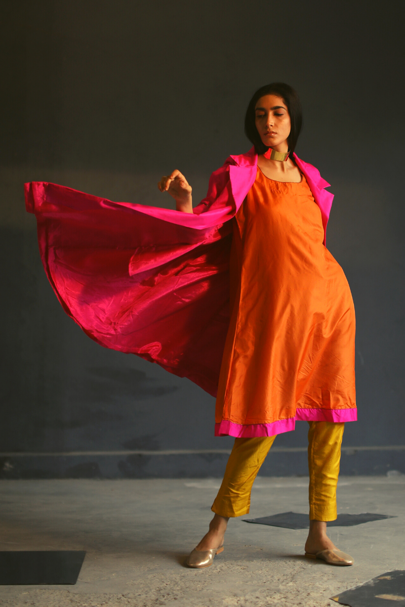 Sally Jacket In Pink Pure Silk With Jalebi Orange Chanderi Slip