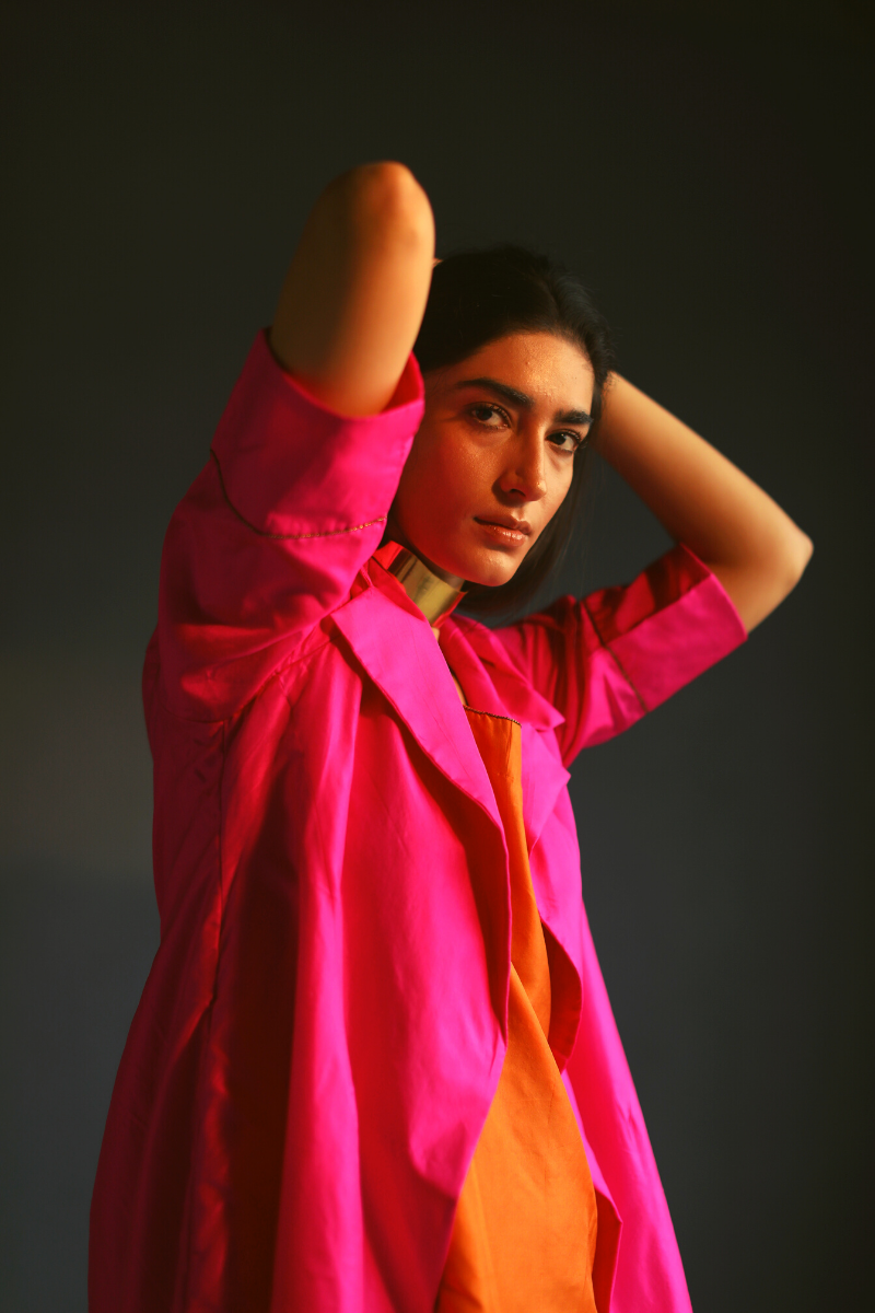 Sally Jacket In Pink Pure Silk With Jalebi Orange Chanderi Slip