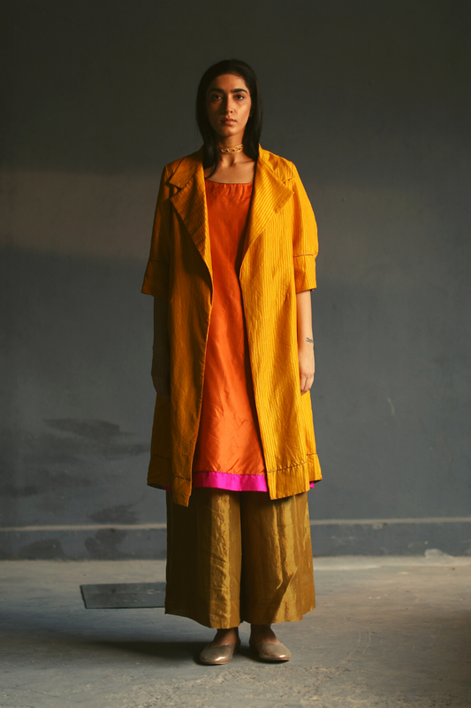 Sally Jacket In Striped Motichoor Yellow Pure Silk With Jalebi Orange Chanderi Slip