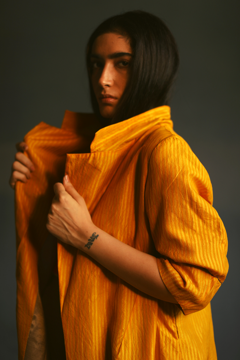 Sally Jacket In Striped Motichoor Yellow Pure Silk With Jalebi Orange Chanderi Slip