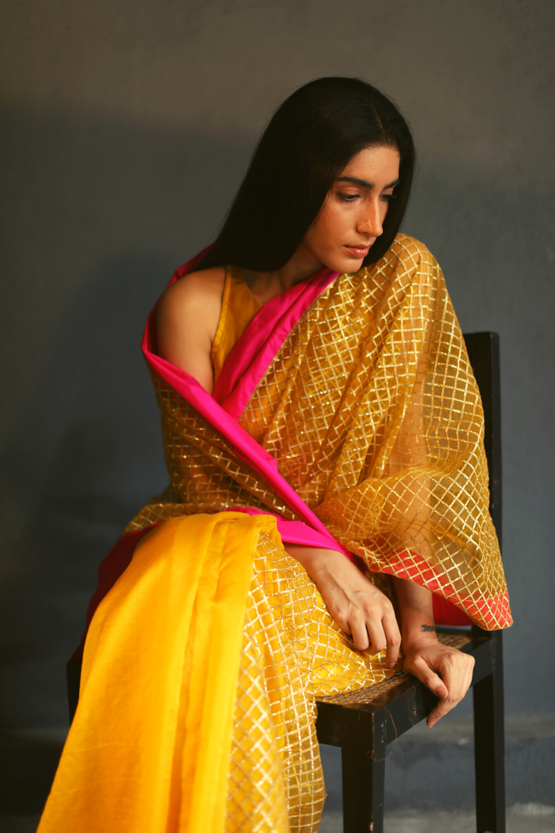 Sari In Yellow Handloom Chanderi & Deco Gota Work