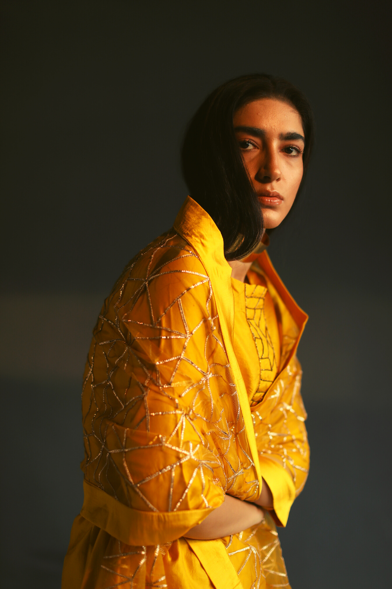 Stole In Motichoor Yellow Organza With Deco Design Gota Work