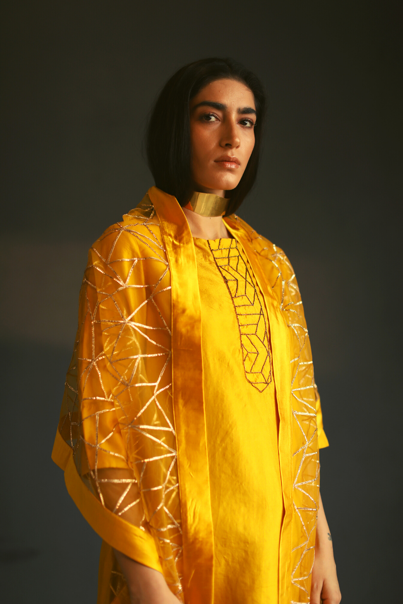 Stole In Motichoor Yellow Organza With Deco Design Gota Work