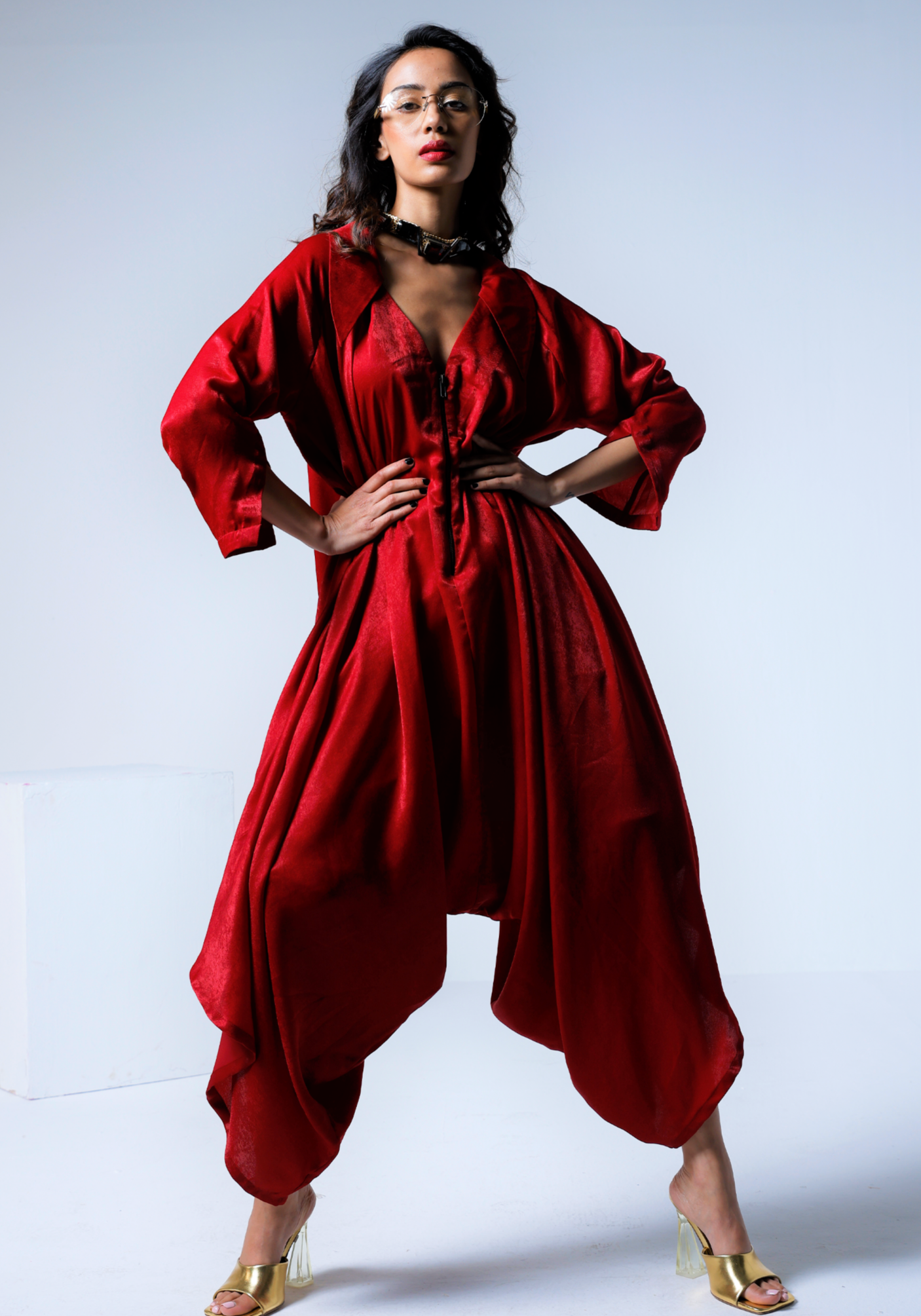 Cowl Jumpsuit in Red Silky Satin