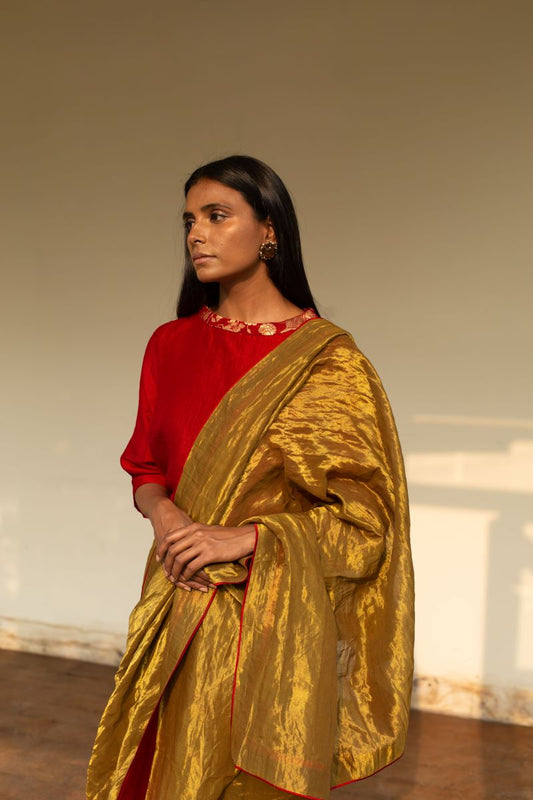 Sari In Pale Gold Handwoven Tissue