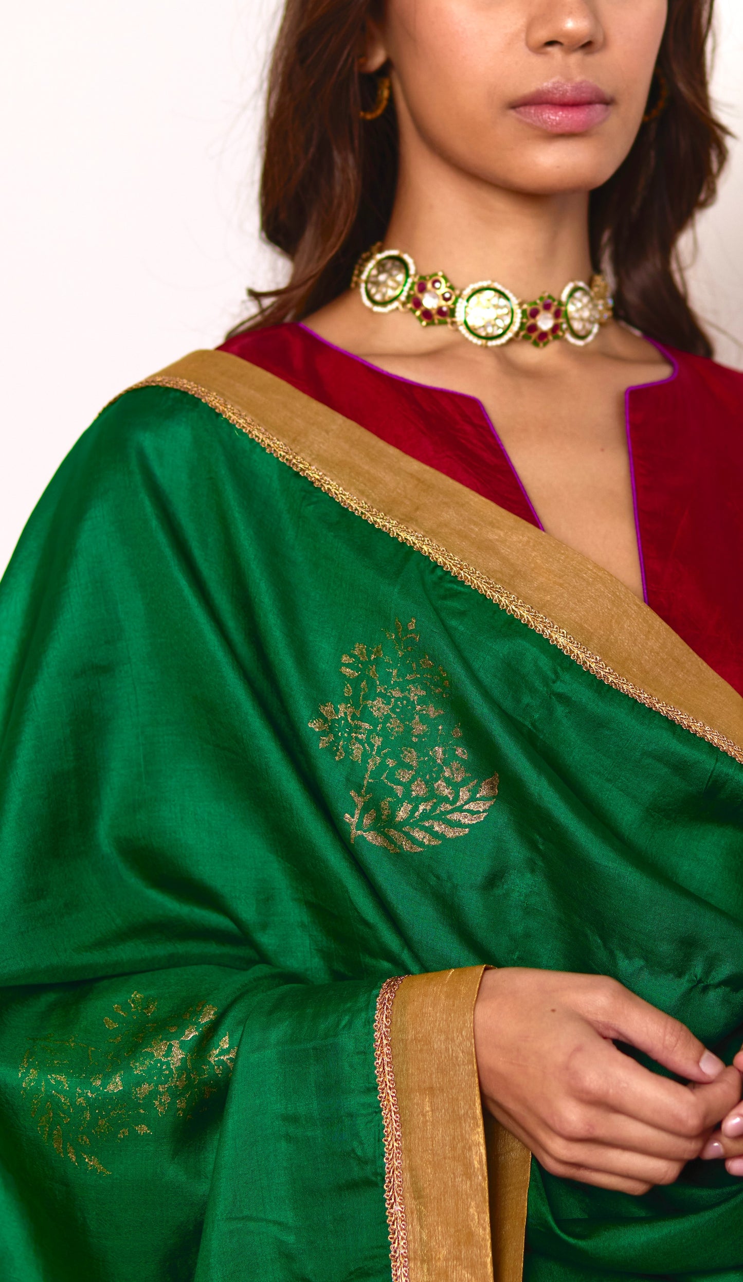 Silk Dupatta in Green with block printing