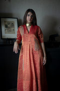 Sashiko Anarkali Dress in Red Sameena Tissue stripe