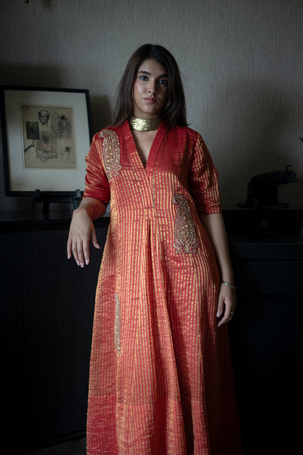 Sashiko Anarkali Dress in Red Sameena Tissue stripe