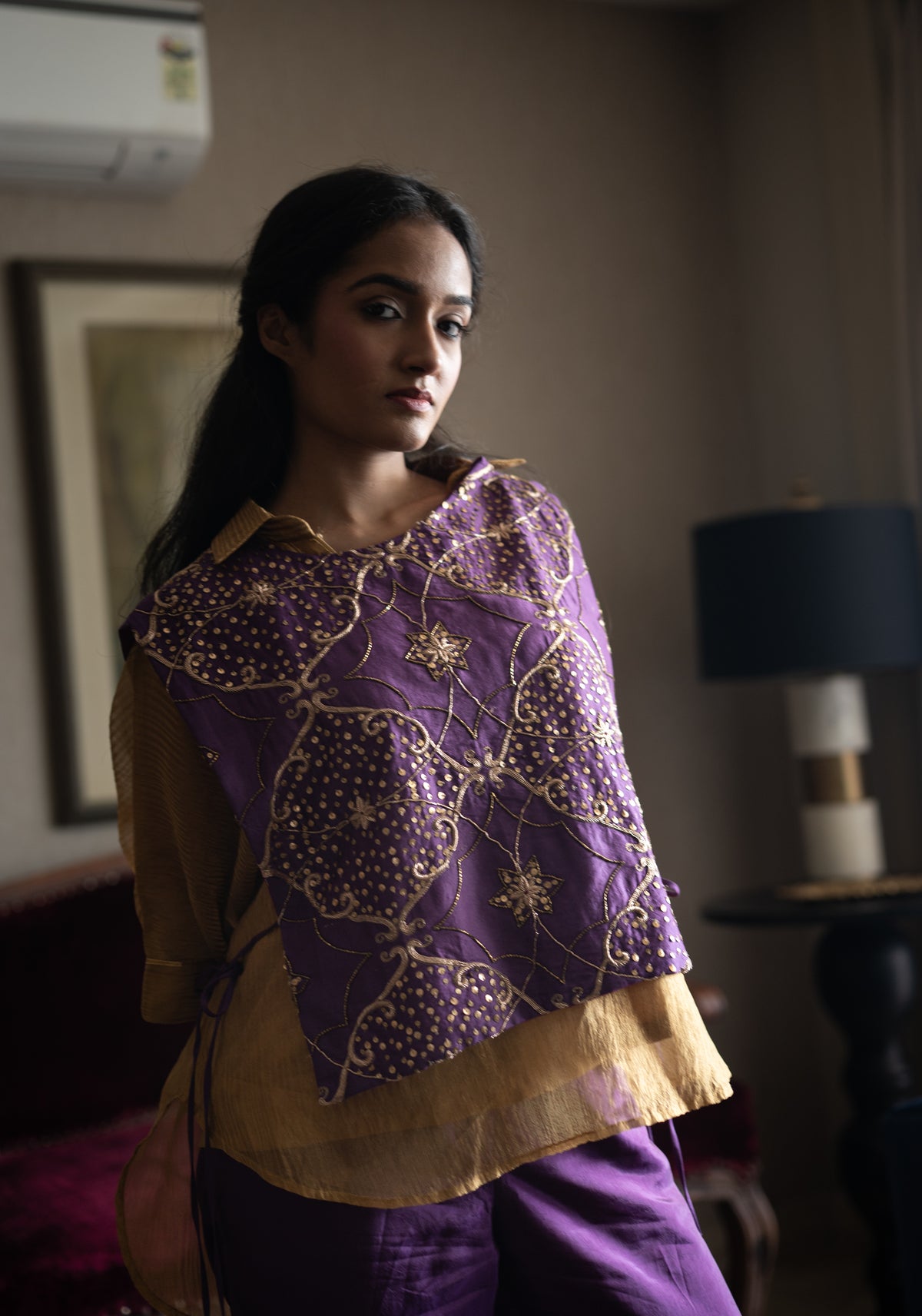 Rajkumari Tabard in Purple Chanderi with Gold Crushed Shirt