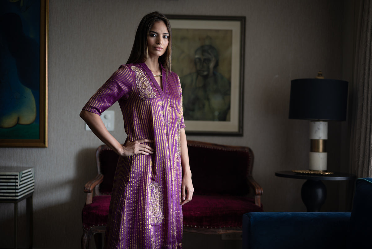 Sashiko Anarkali in Purple Sameena Tissue Stripe