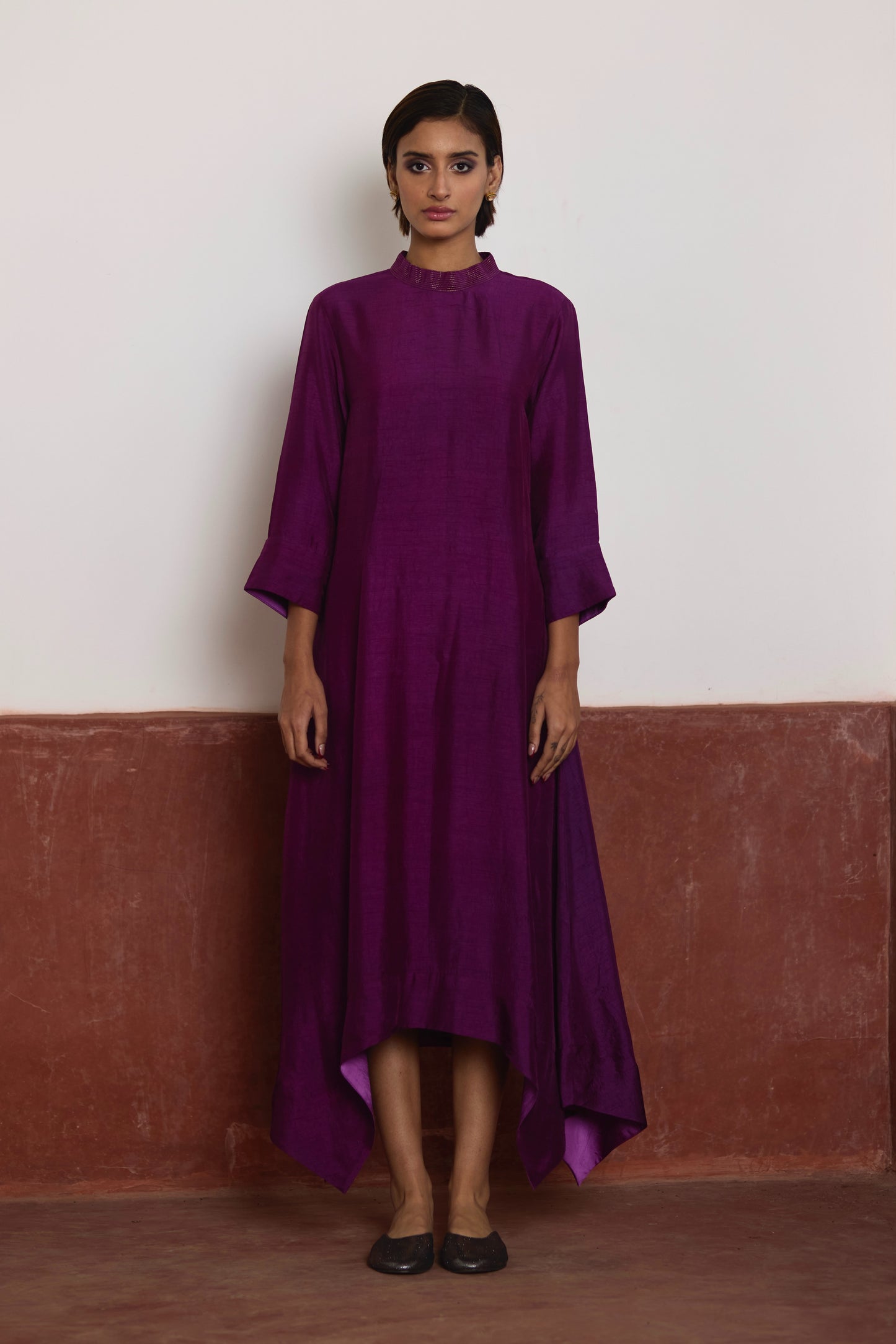 Asymmetrical Dress in Purple Silk with Purple Brocade Sally Jacket