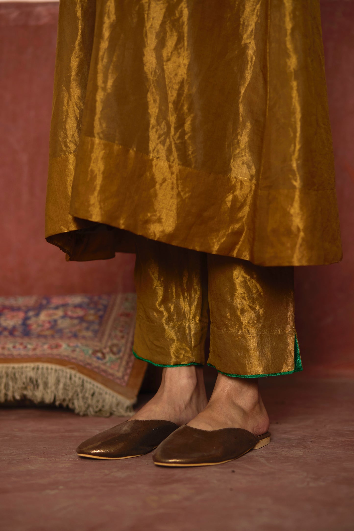 Long Sashiko Kurta in Gold Tissue with Gold Pant