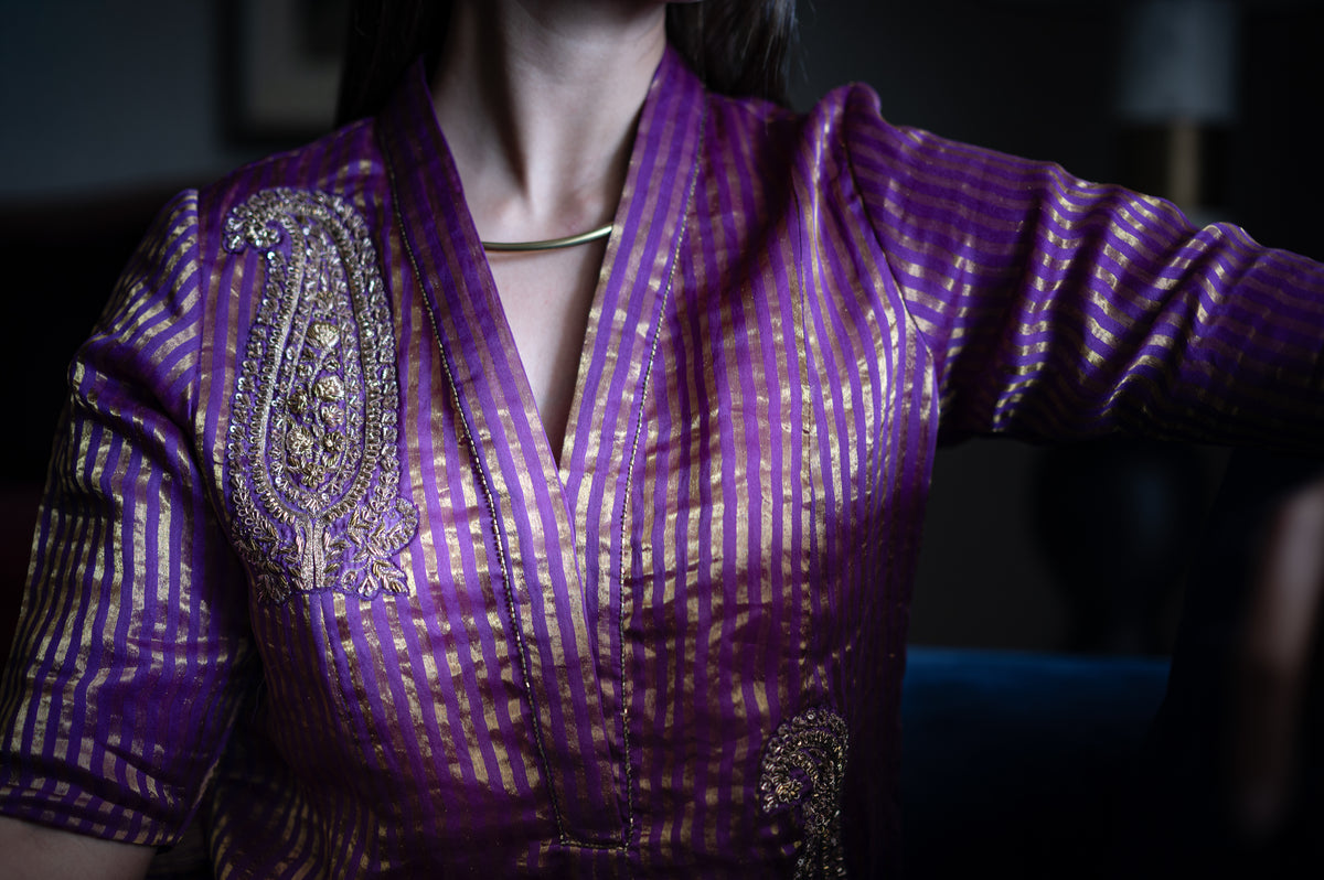 Sashiko Anarkali in Purple Sameena Tissue Stripe