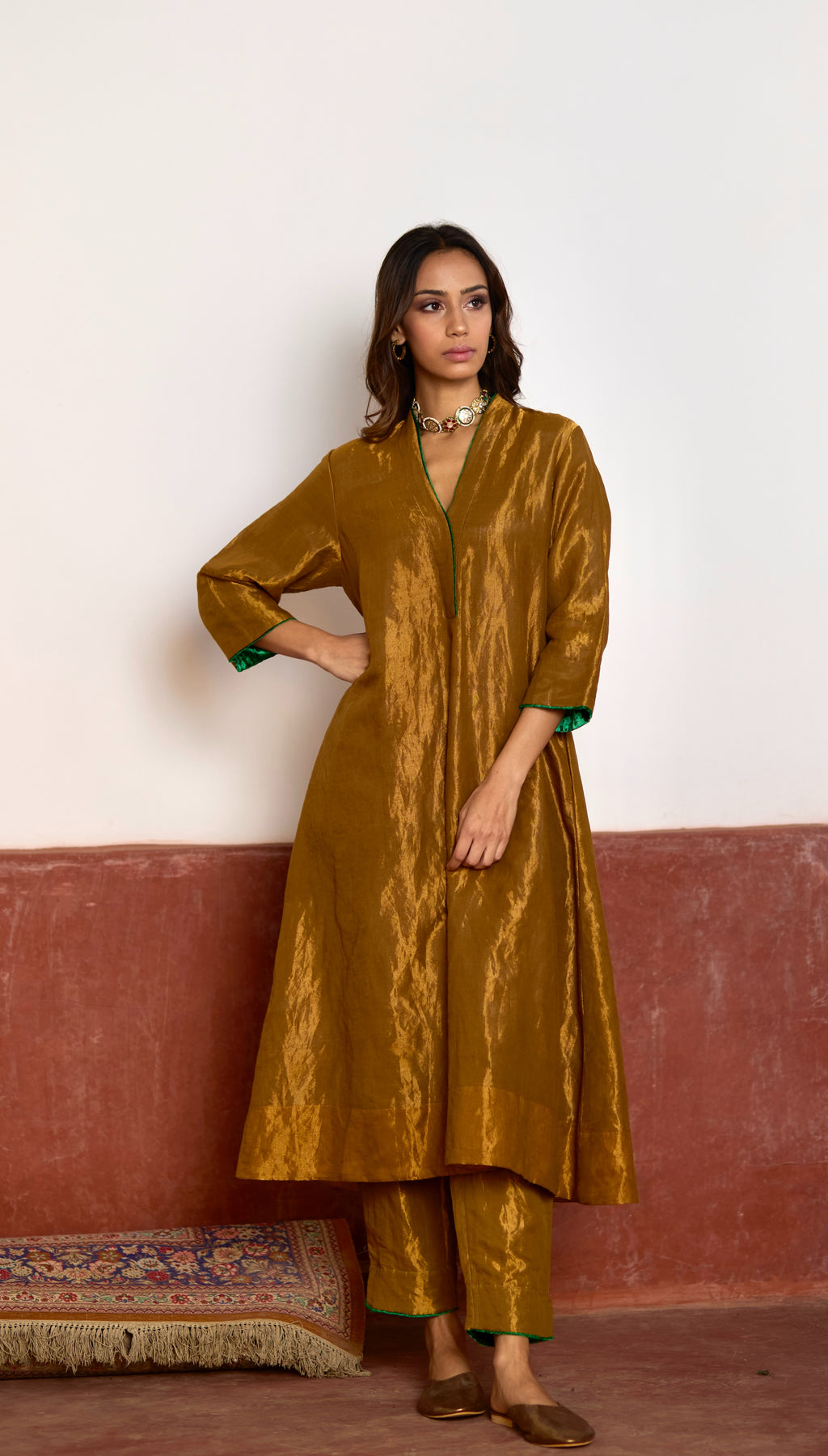 Long Sashiko Kurta in Gold Tissue with Gold Pant