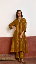 Long Sashiko Kurta in Gold Tissue with Gold Pant