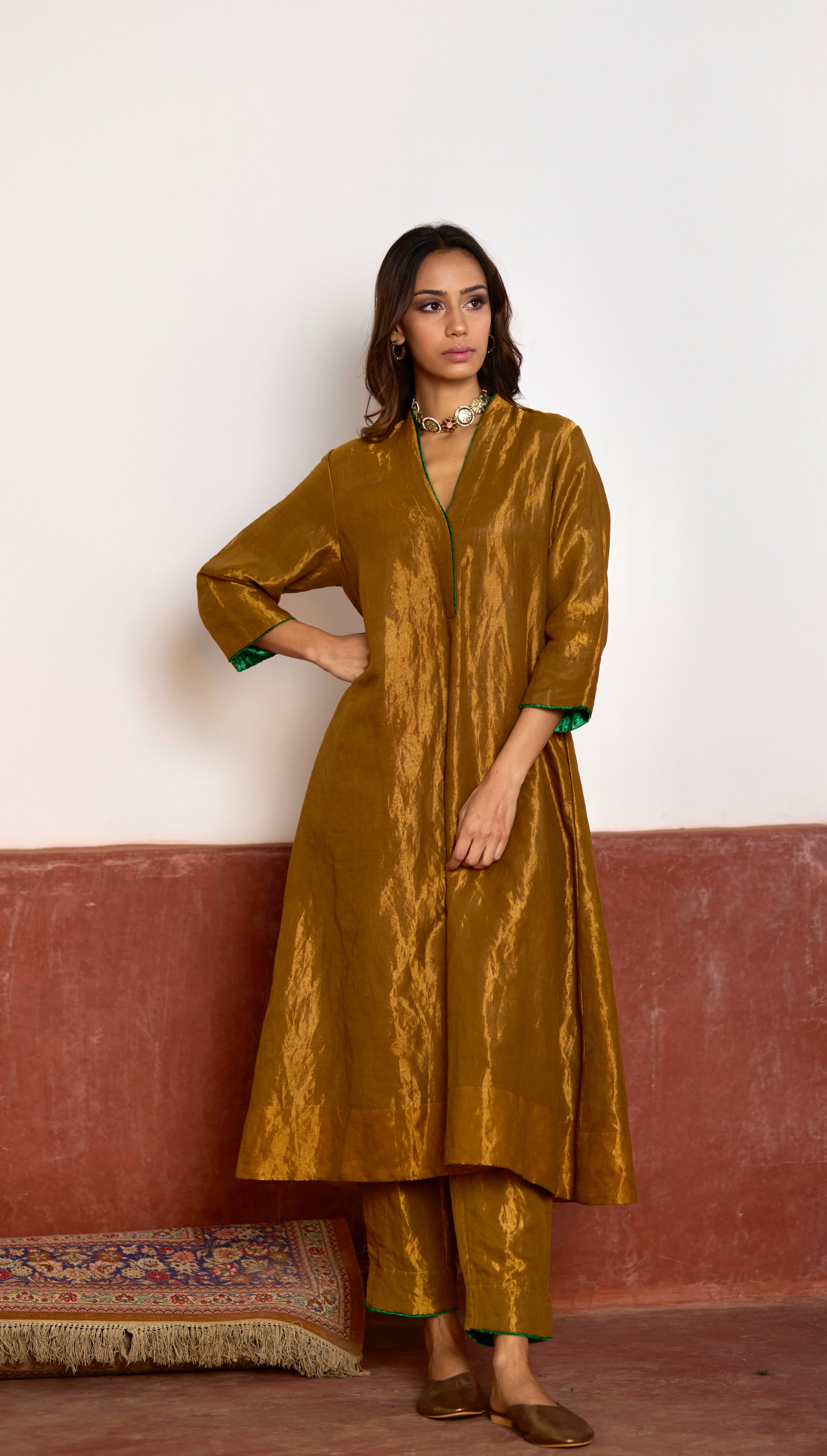 Long Sashiko Kurta in Gold Tissue with Gold Pant