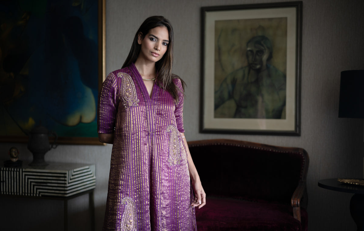 Sashiko Anarkali in Purple Sameena Tissue Stripe