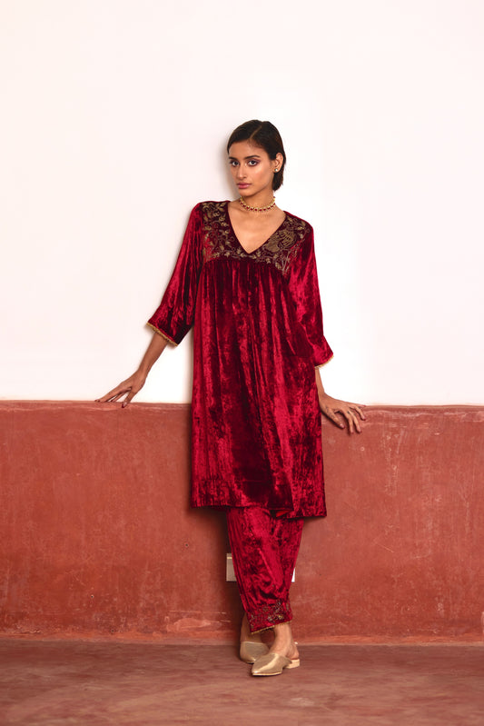 Empireline Kurta in Red Velvet with Red Salwar