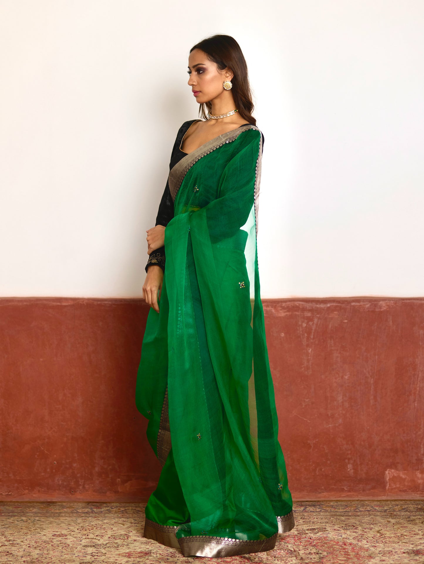 Saree in Green Silk Organza with Brocade Border