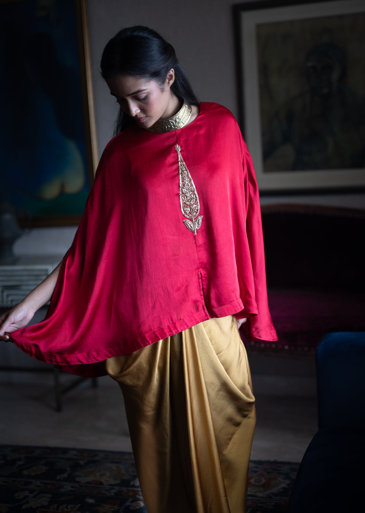 Turki Cape in Red Silk with Cowl skirt in Gold Silk