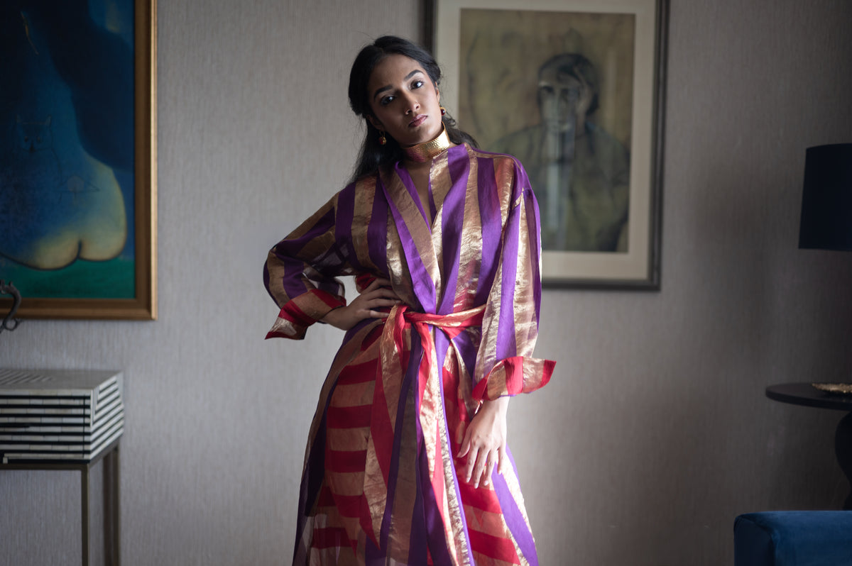 Ayesha Dress in Chanderi Stripe with Red Satin Slip