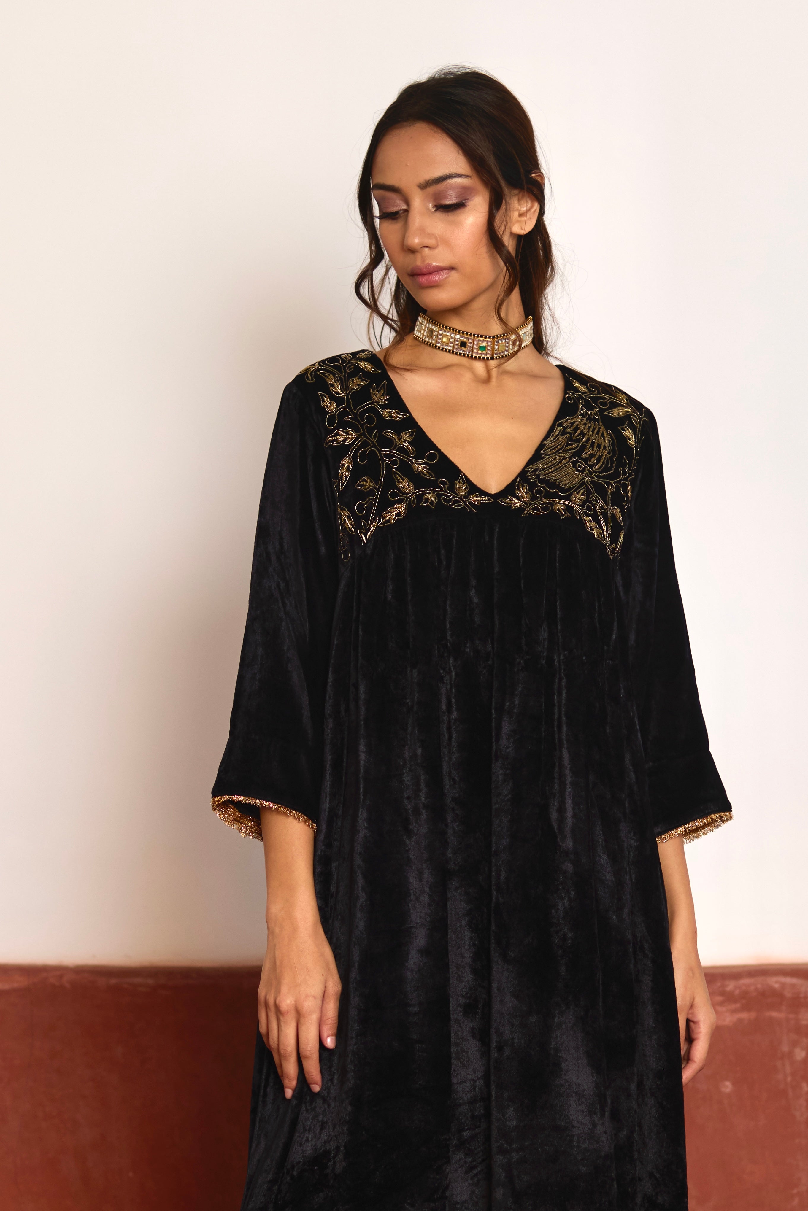 Empireline Kurta in Black Velvet with Black Salwar