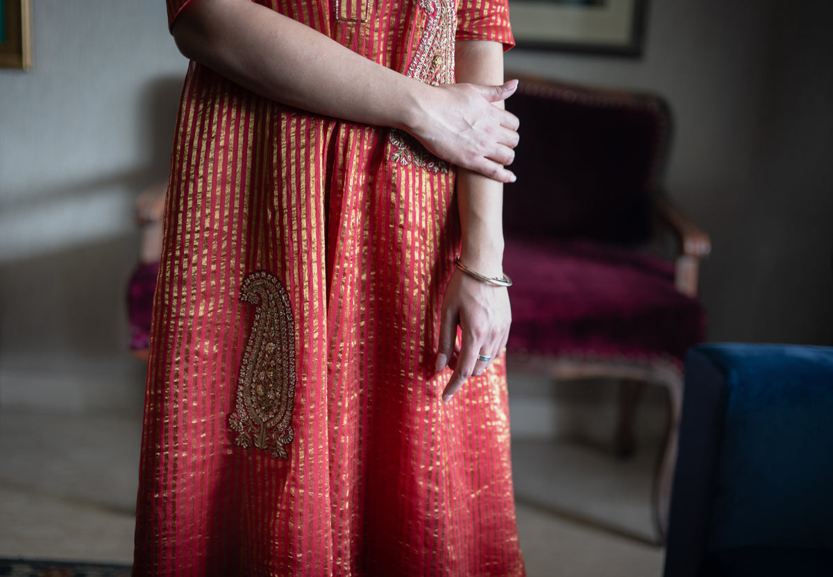 Sashiko Anarkali Dress in Red Sameena Tissue stripe