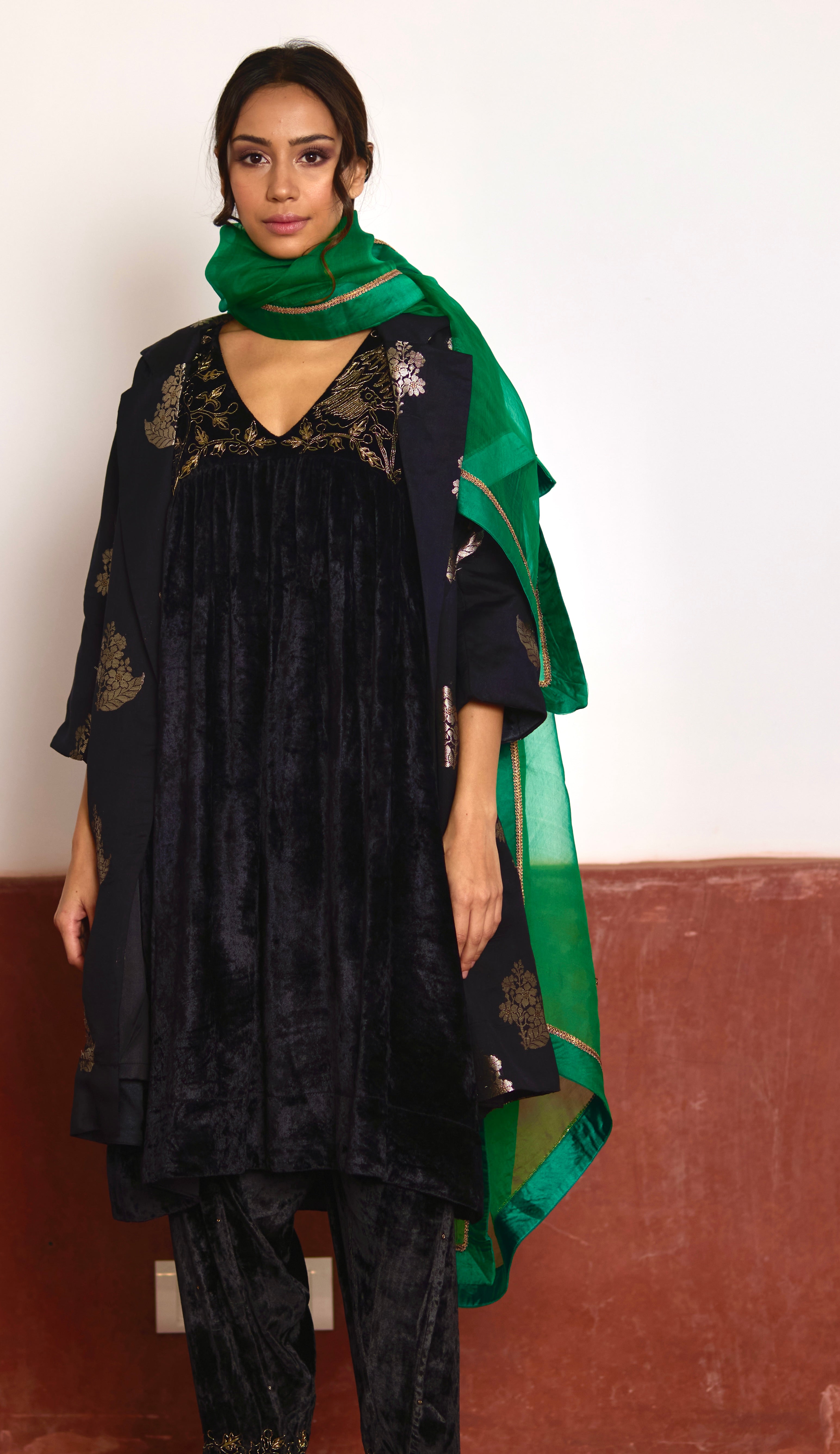 Empireline Kurta in Black Velvet with Black Salwar