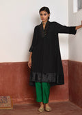 Sashiko Kurta in Black Silk with Green Pant