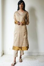 Anu Kurta In Warm Chai Beige Stripe Handloom Tissue With Pants
