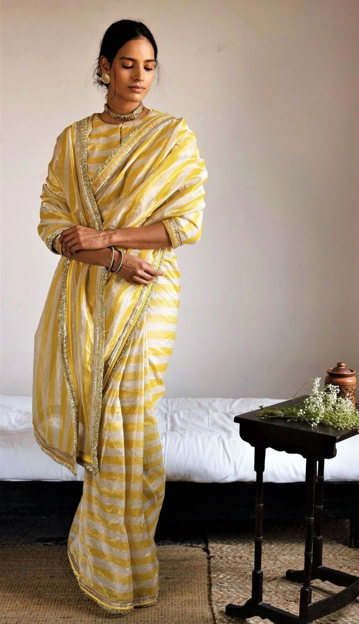 Sari in Yellow/white Handloom Tissue stripes