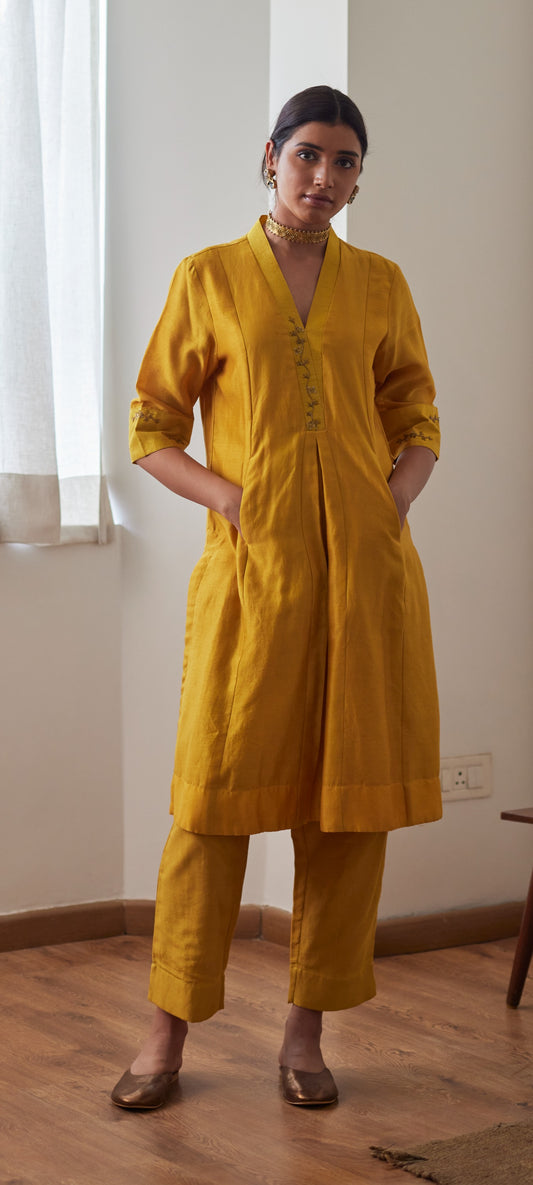 Sashiko in Yellow Chanderi with Chanderi Pants