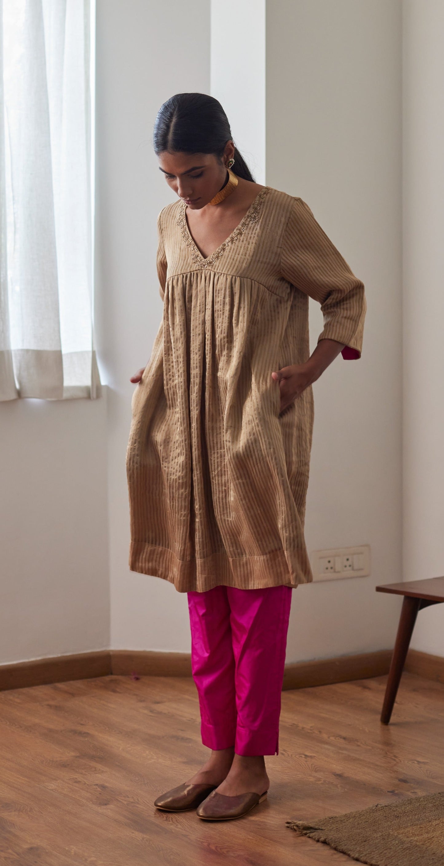 Empireline Kurta in Chai Chanderi Stripes with Pink Silk Pants
