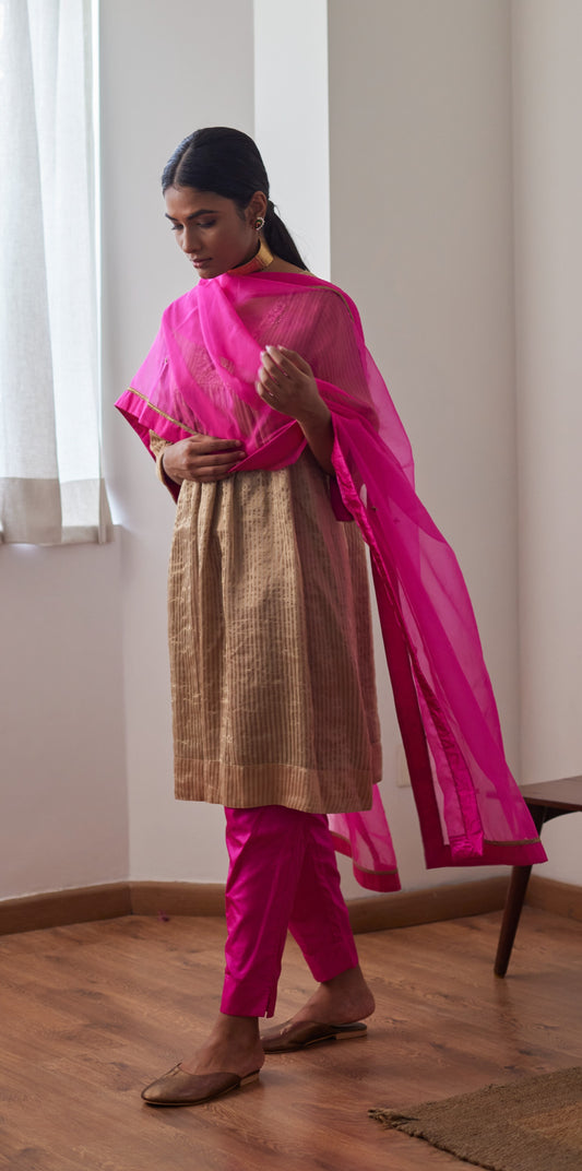 Empireline Kurta in Chai Chanderi Stripes with Pink Silk Pants