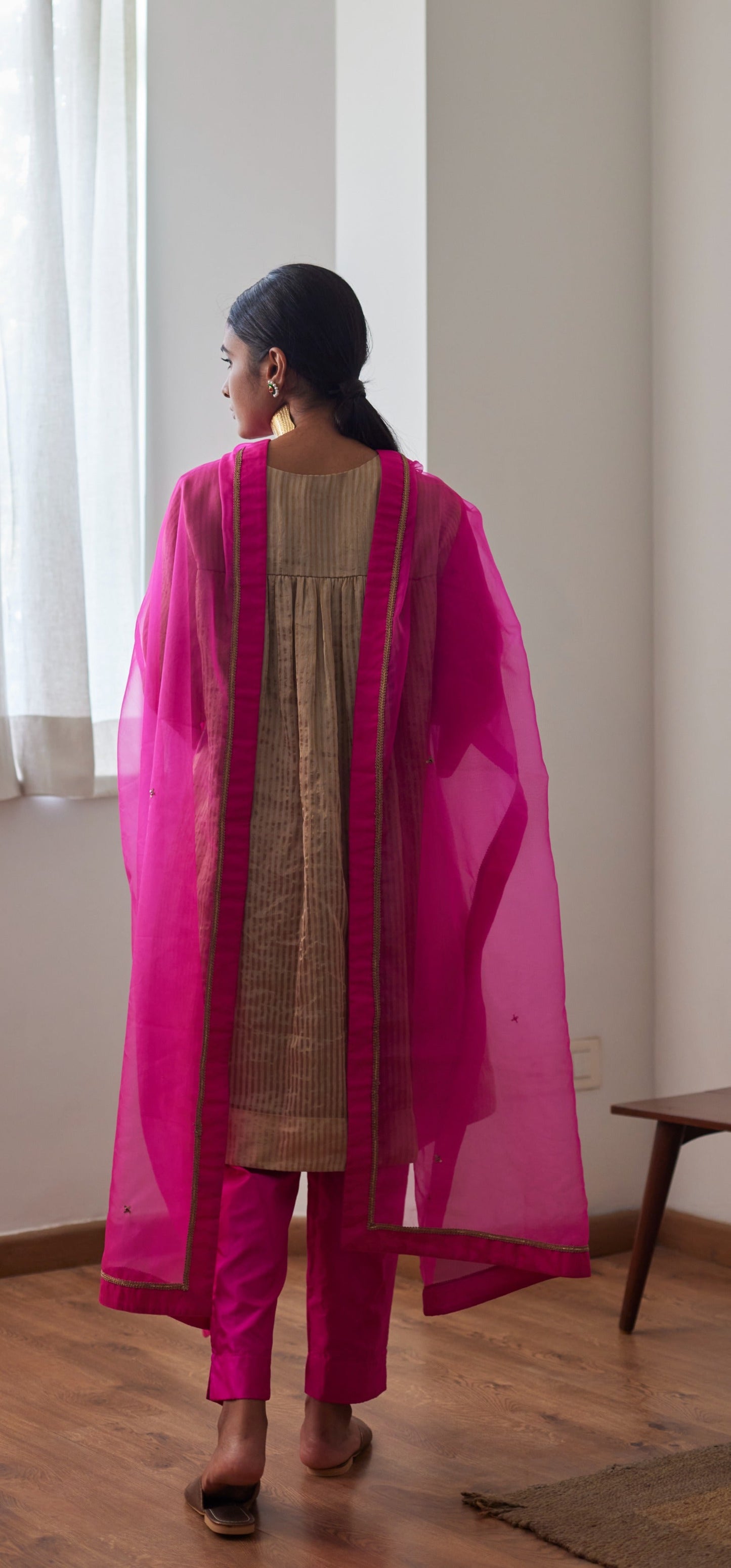 Empireline Kurta in Chai Chanderi Stripes with Pink Silk Pants