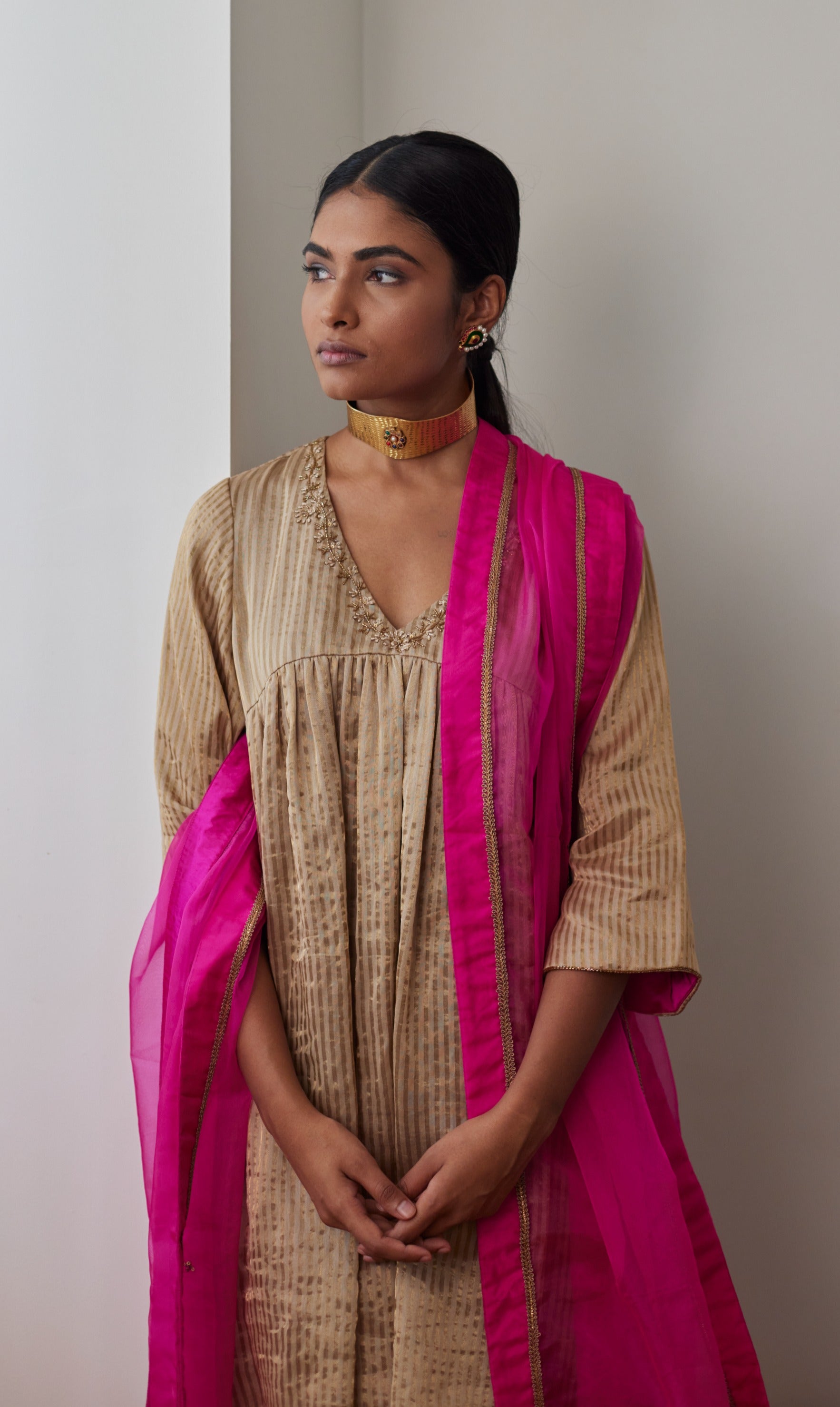 Empireline Kurta in Chai Chanderi Stripes with Pink Silk Pants