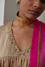 Empireline Kurta in Chai Chanderi Stripes with Pink Silk Pants