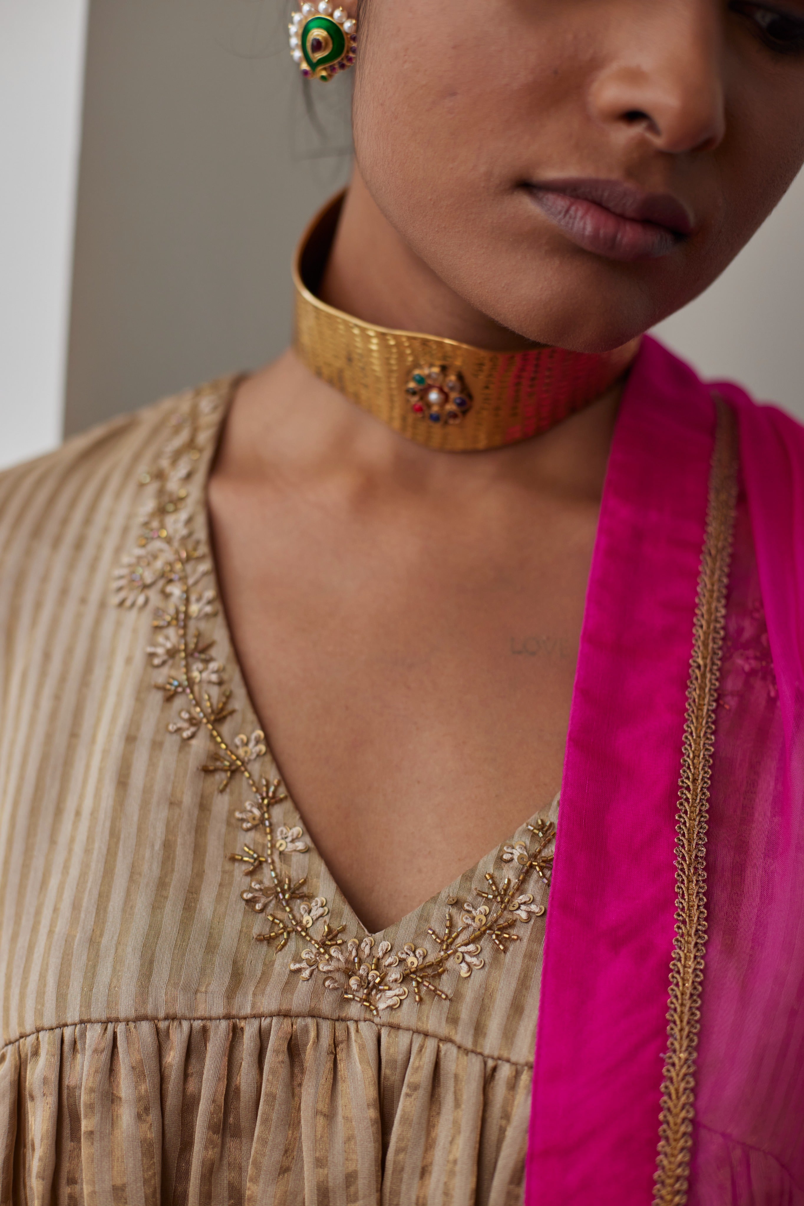 Empireline Kurta in Chai Chanderi Stripes with Pink Silk Pants