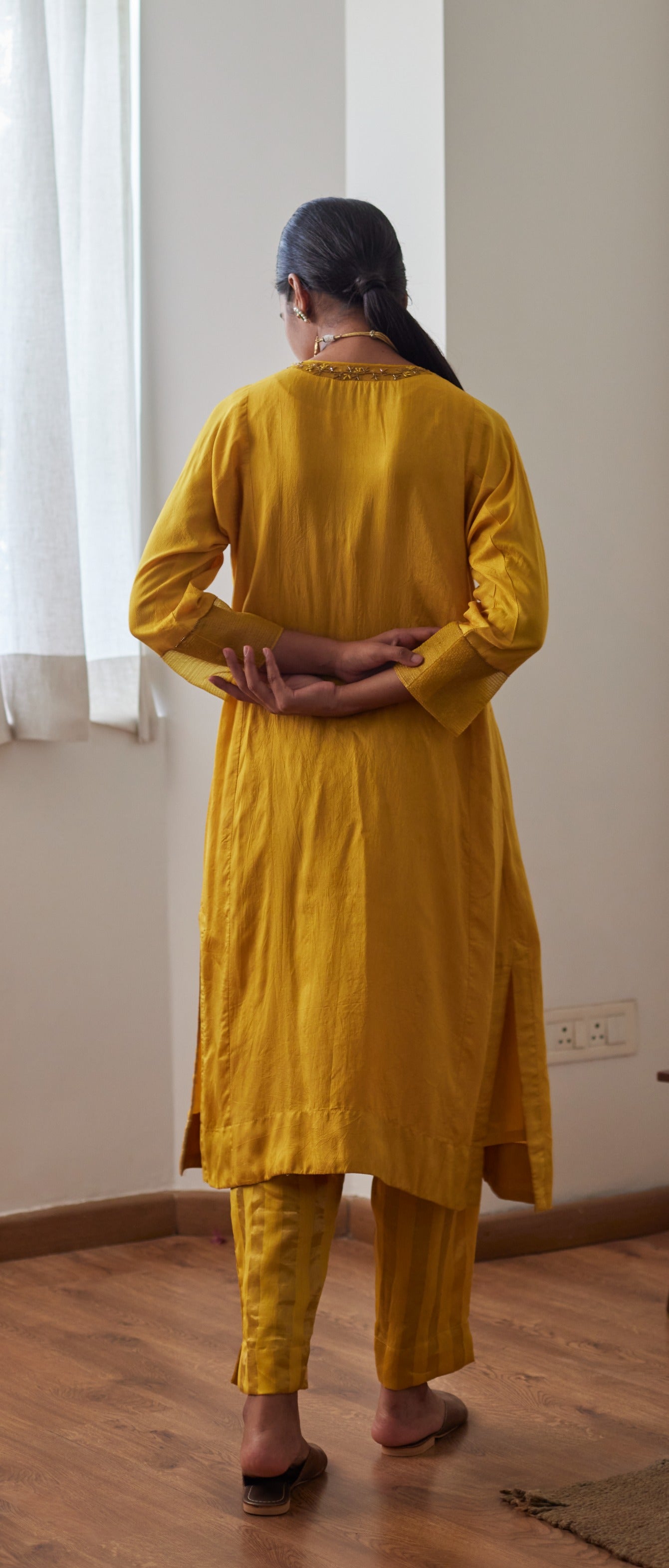GK Kurta in Yellow Raw Silk with Chanderi Stripe Pants