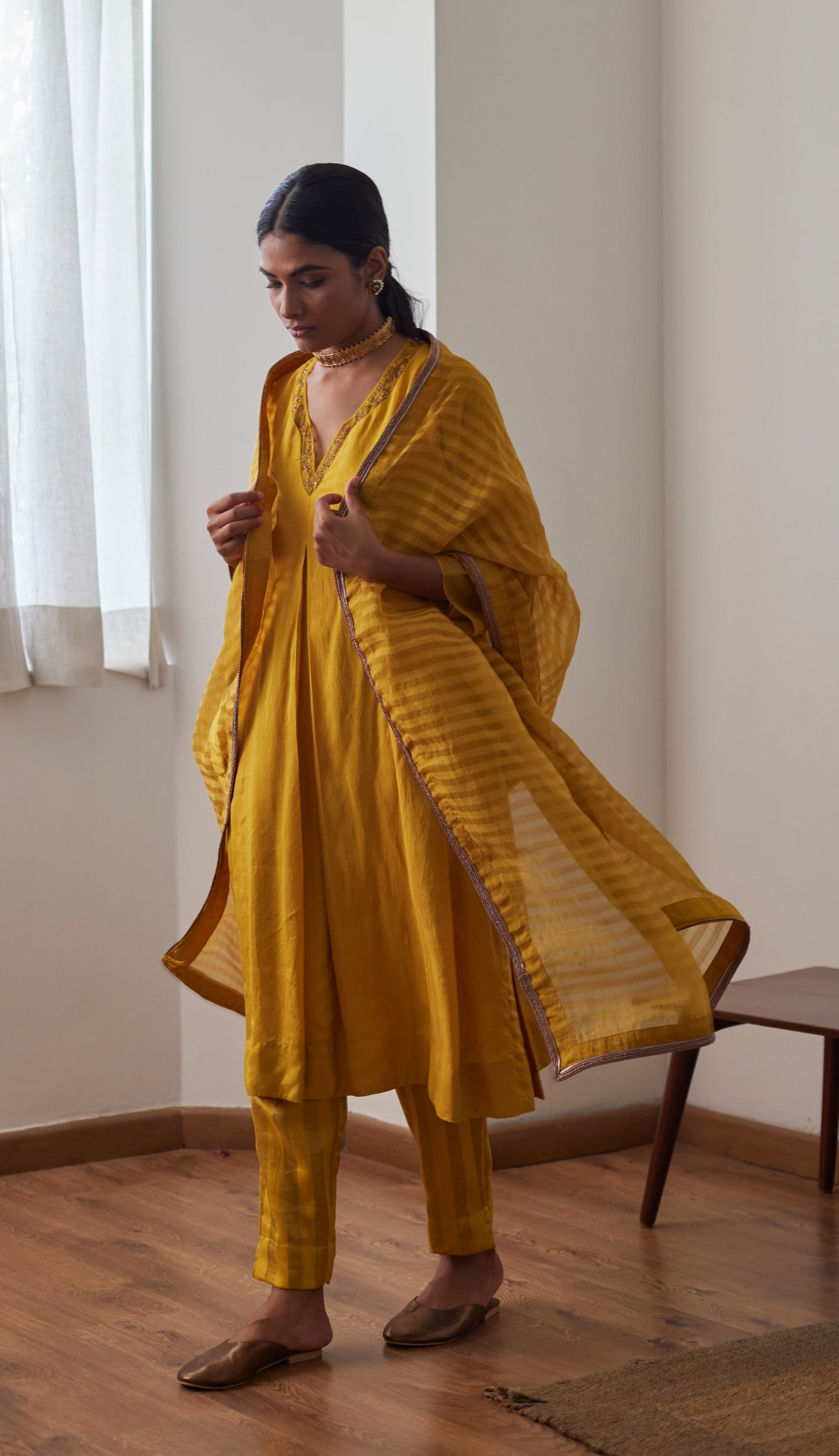 GK Kurta in Yellow Raw Silk with Chanderi Stripe Pants