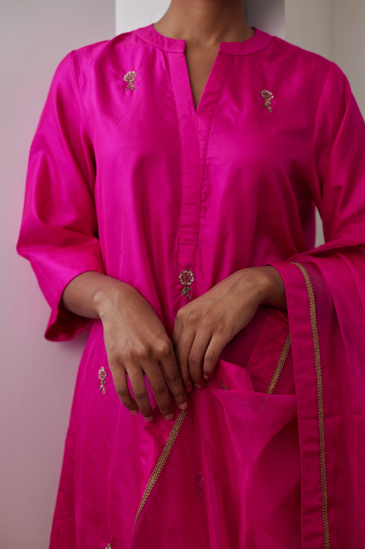 Mini Kurta in Hot Pink Bangalore Silk with Chanderi Farsi