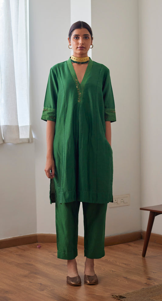 Sashiko in Green Chanderi with Chanderi Pants