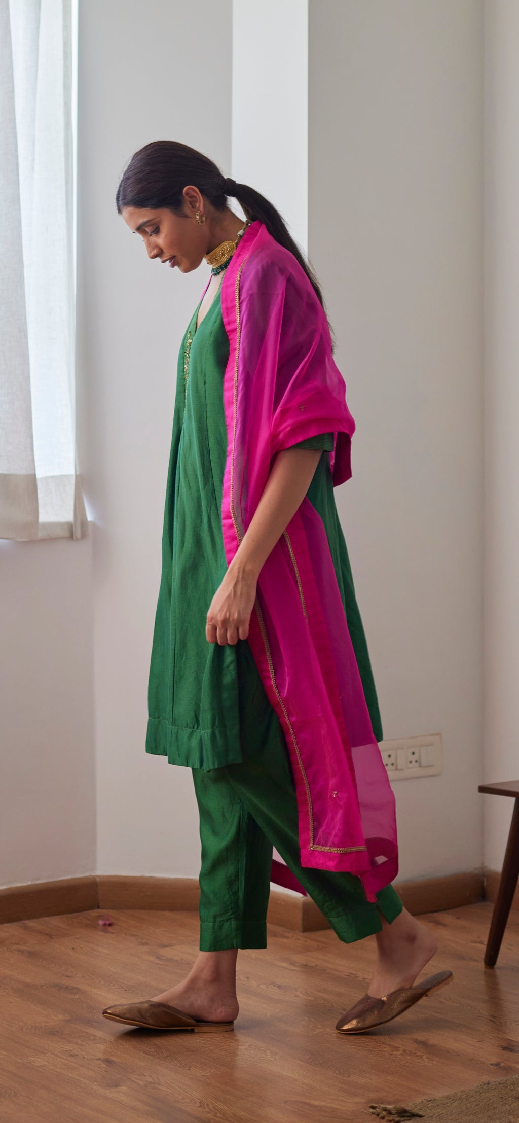 Anarkali in Green Chanderi with Chanderi Pants