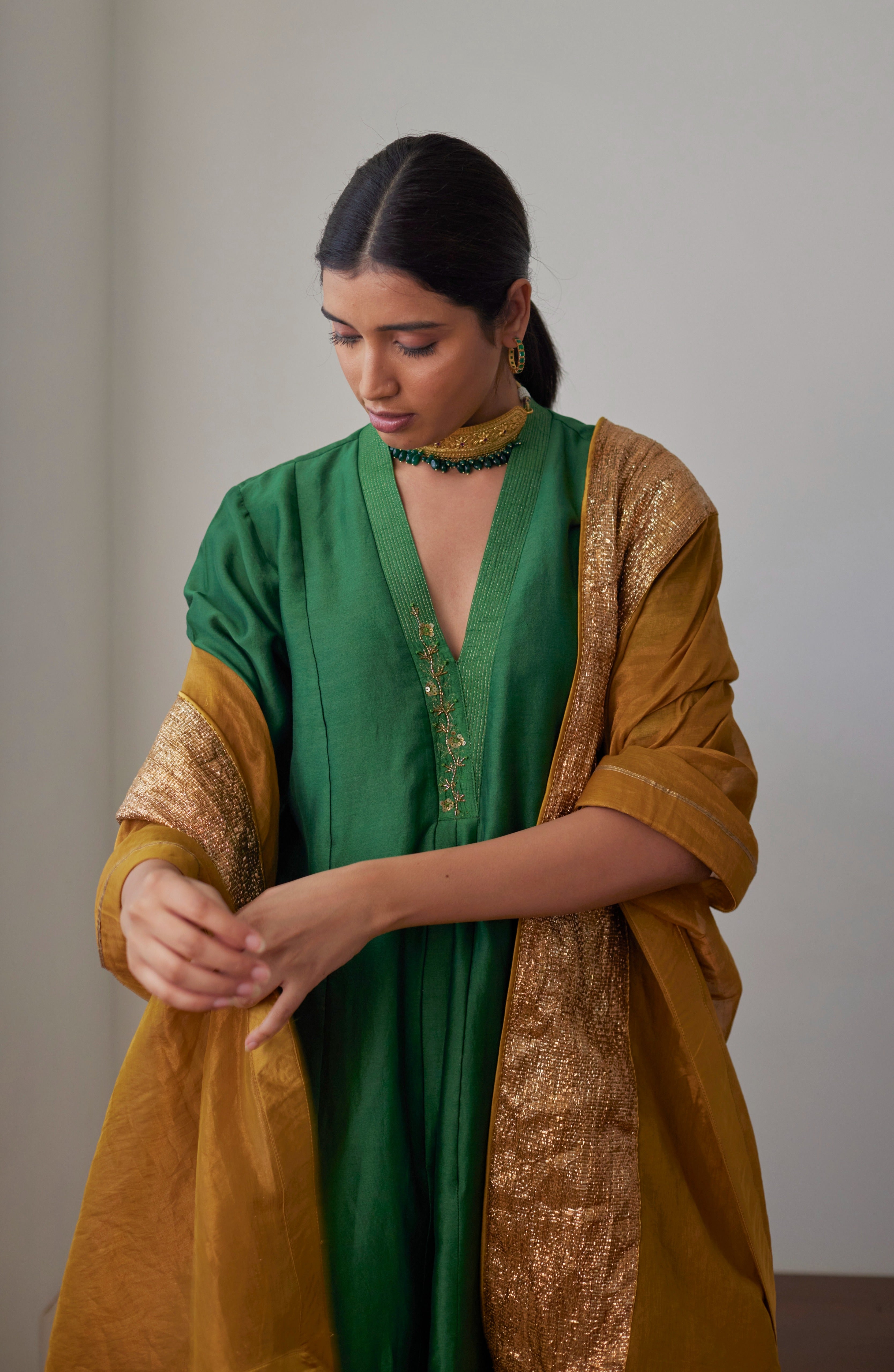 Sashiko in Green Chanderi with Chanderi Pants