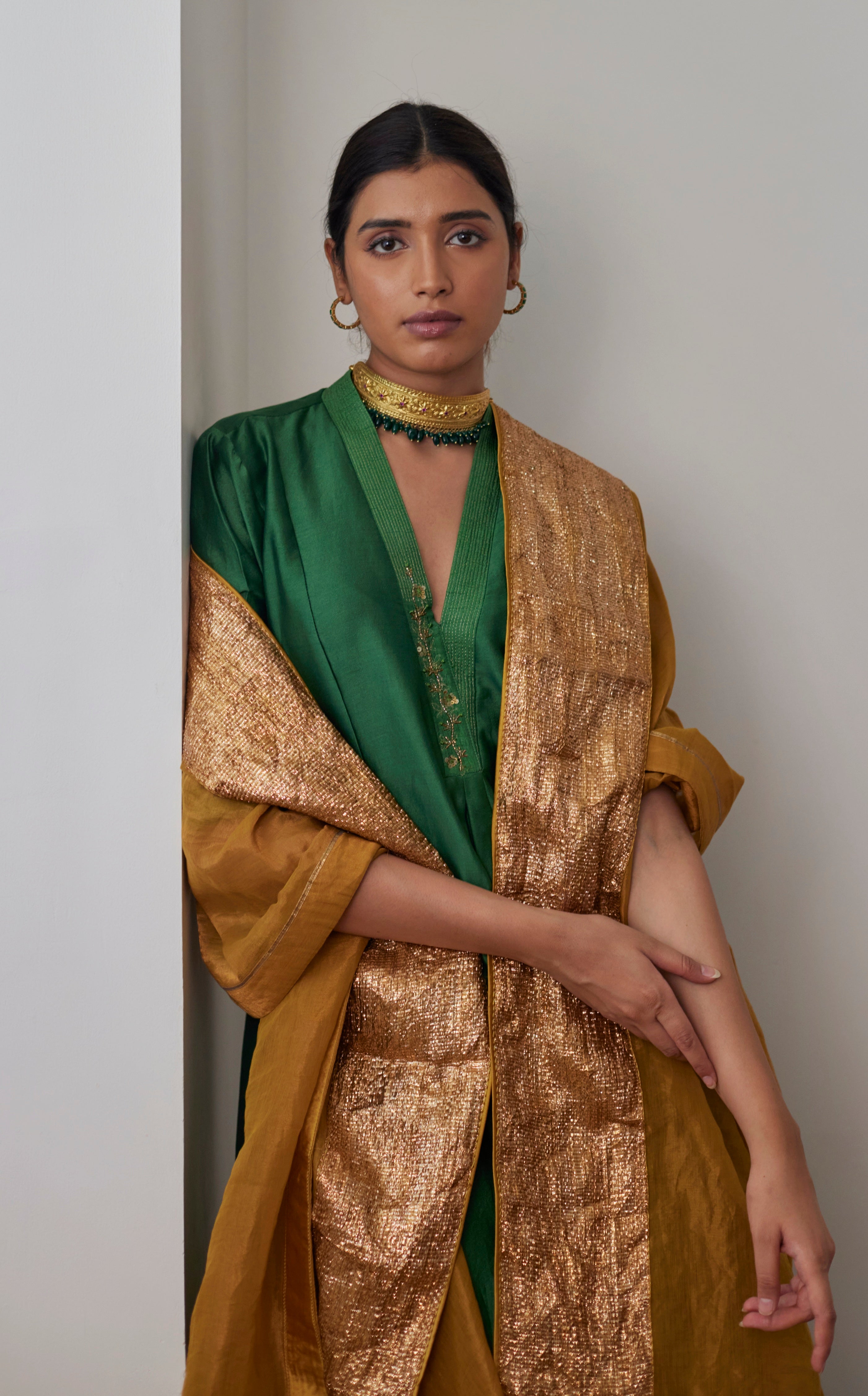 Sashiko in Green Chanderi with Chanderi Pants