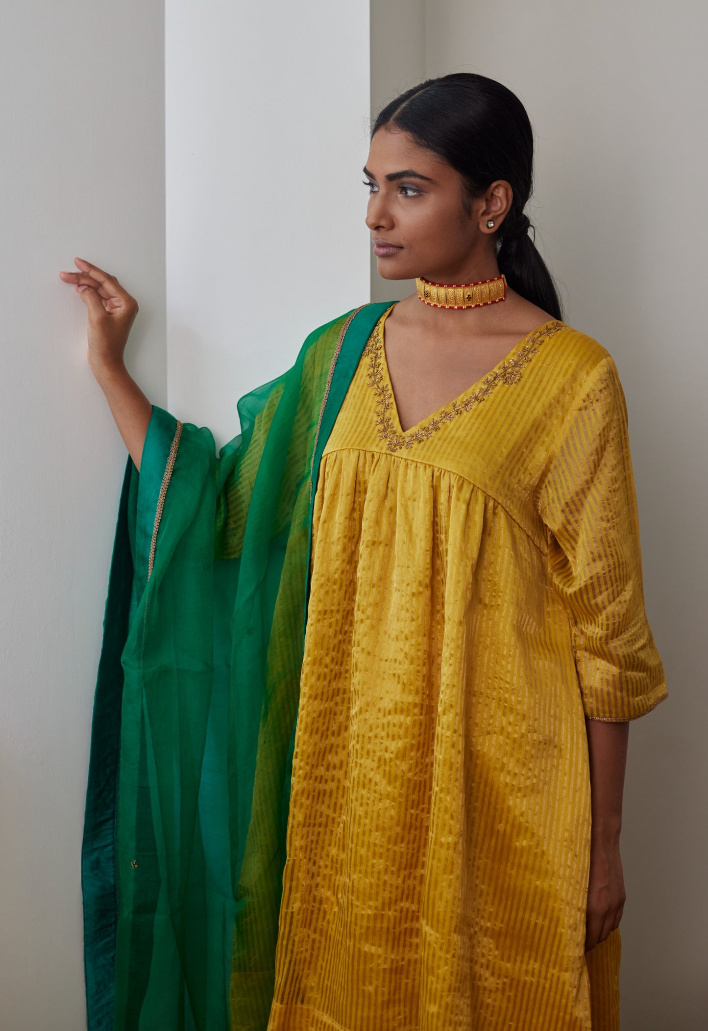Empireline Kurta in Yellow Chanderi Stripes with Salwar