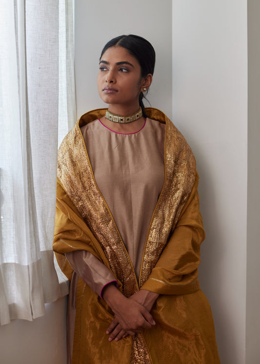 Angrakha Kurta in Chai Chanderi with Chanderi Farsi