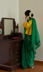 Cross Butta Organza Saree in Teej Green
